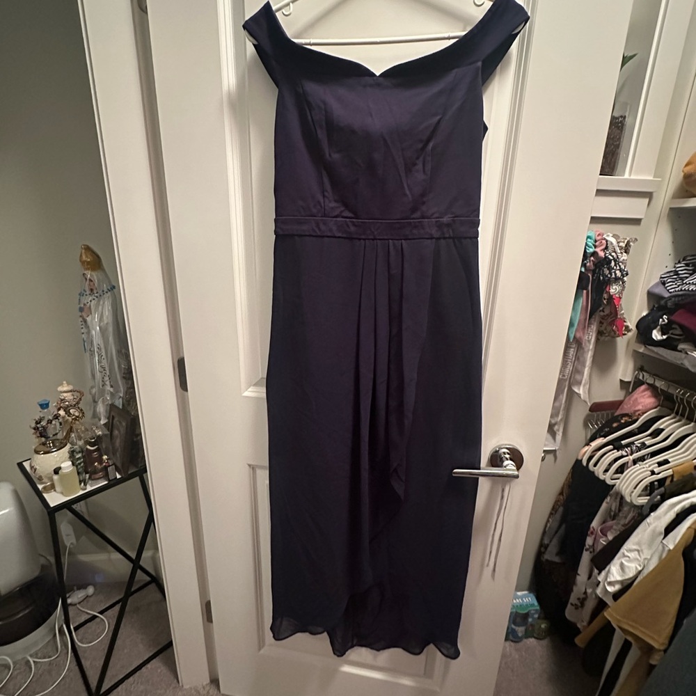 Elegant Off-Shoulder Navy Dress With Slit